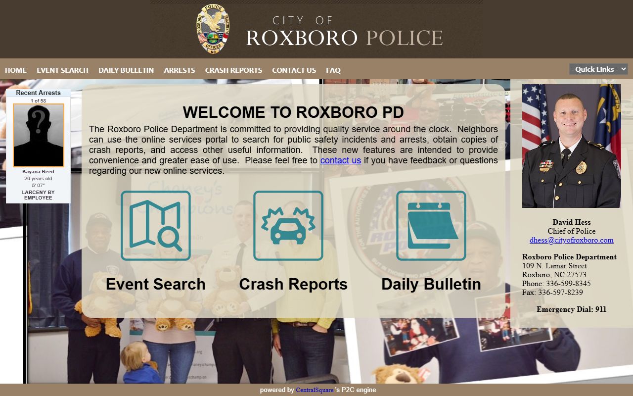 Person County arrest records and court charges Roxboro Police P2C portal