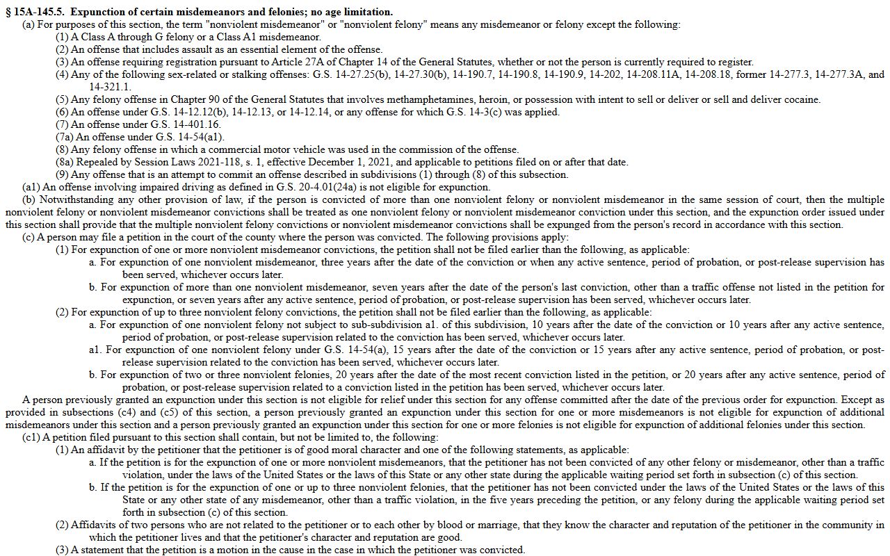 Person County criminal court records G.S. 15A-145.5 expunction statute