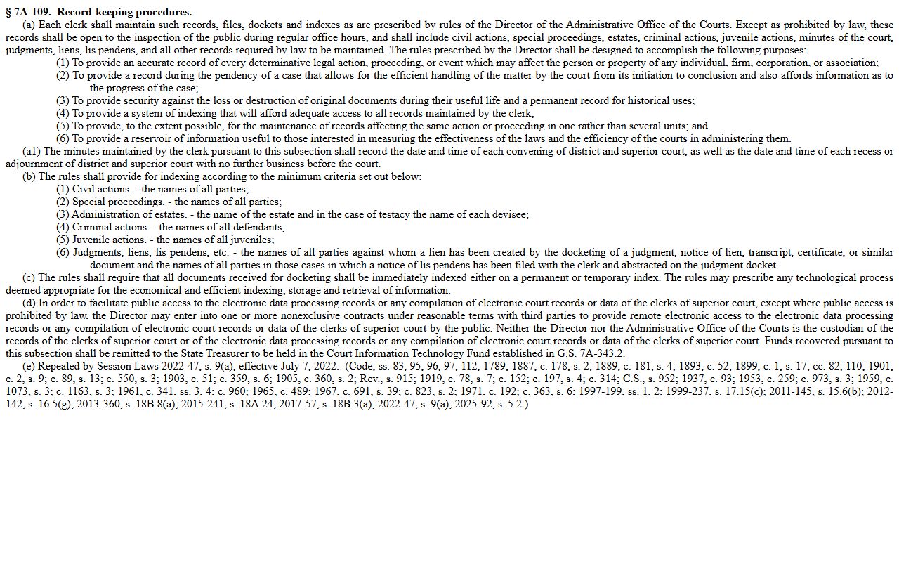 Person County criminal court records G.S. 7A-109 court records and indexes