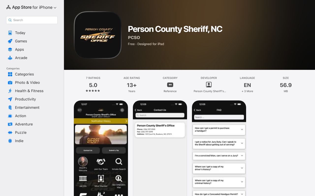 Person County inmate records Sheriff NC app Apple listing