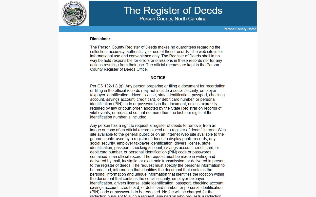 Person County marriage records Register of Deeds online records portal
