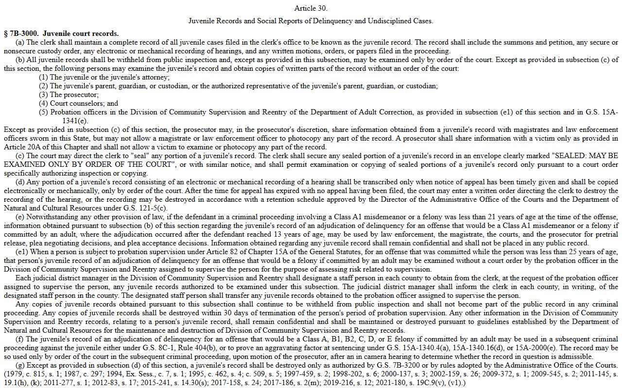 Person County probate records G.S. 7B-3000 juvenile court record confidentiality