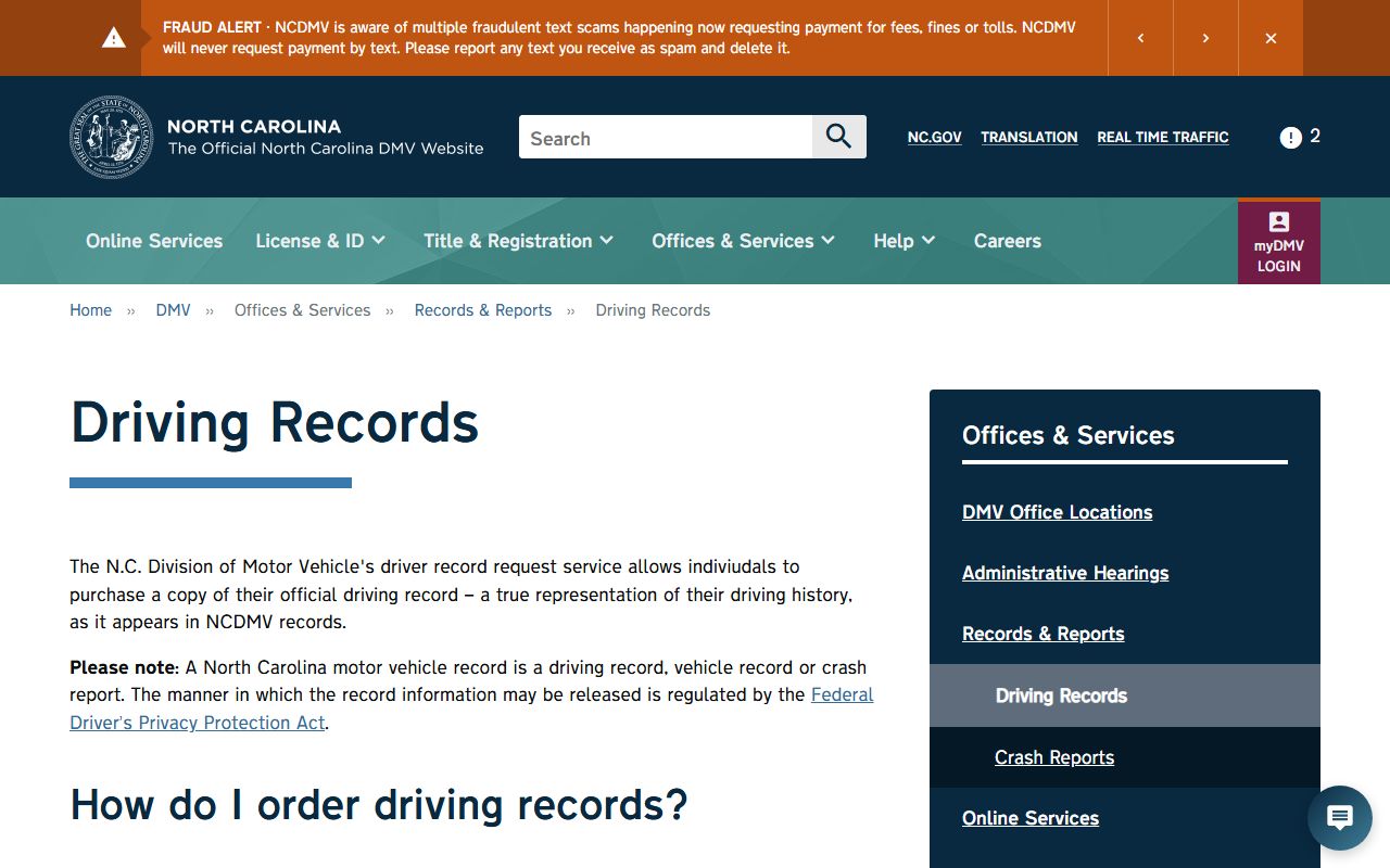 Person County traffic court records NCDMV driving record request page